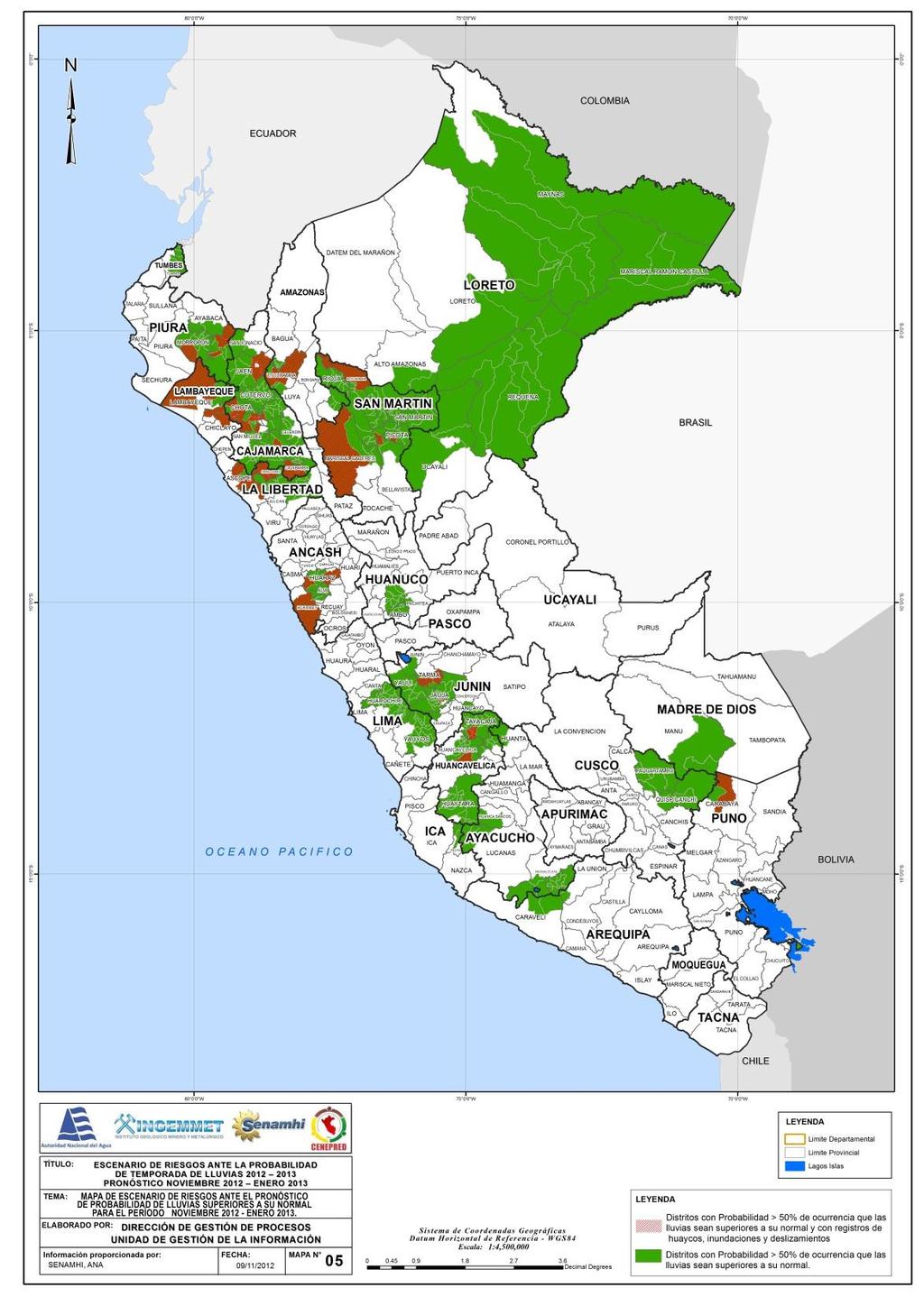 Mapa N 05: Escenario de riesgos ante temporada de lluvia 2012 2013 (Pronóstico Noviembre 2012 Enero 2013).