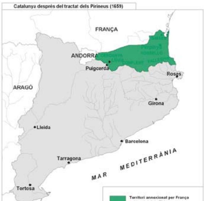 L edat Moderna a Catalunya La fi de la guerra entre la corona espanyola i França es va signar amb el Tractat dels Pirineus l any