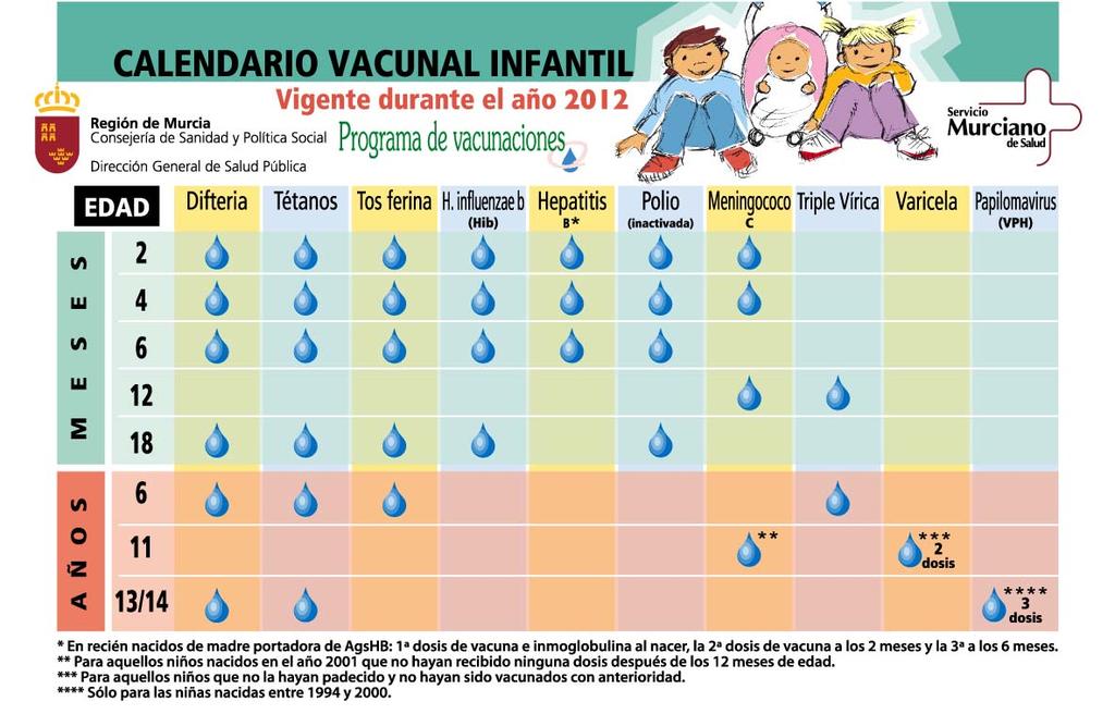 5. Cuál es el calendario vacunal recomendado? En la imagen siguiente están todas las vacunas incluidas en el calendario vacunal de nuestra Comunidad Autónoma. Estas vacunas son gratuitas.