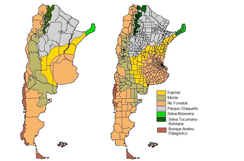 Estimación de Emisiones: CUSS Mapa de regiones forestales y resultado de la asignación de regiones forestales por Departamento. Fuente: Elaboración propia en base a Dirección de Bosques de la SAyDS.