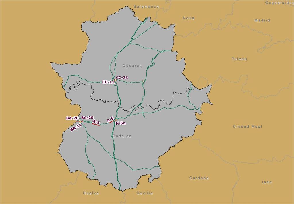 DEMARCACIÓN DE CARRETERAS DEL ESTADO EN EXTREMADURA Estudio UME Nº de tramos Long. (km) A-5 2 20,10 BA-11 1 1 Comunidad Autónoma de Castilla BA-20 2 8,75 - La Mancha - Extremadura.