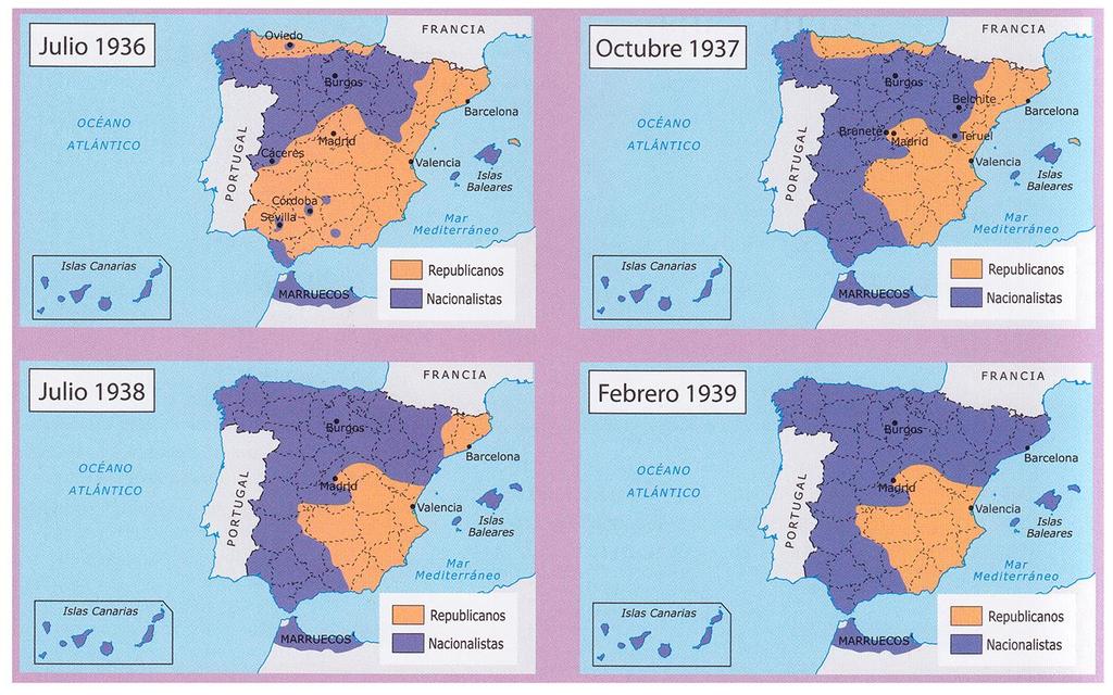 II.2 Fases. 2.1.-Del paso del Estrecho a la batalla de Madrid (julio 1936 - primavera 1937) En esta primera fase los sublevados consiguieron el control aproximadamente de la mitad del país.
