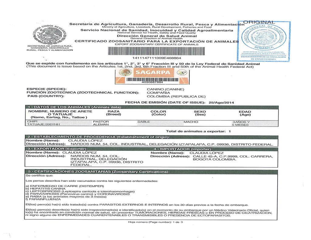Resultado de imagen de imagenes certificado zoosanitario de exportacion mexico