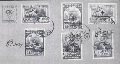 Sobre franqueado con los seis sellos del IV Centenario del Nacimiento de Camoens, emitidos en 1924, que fueron sobrecargados cuatro años mas tarde por la Cruz Roja portuguesa, en color rojo con el