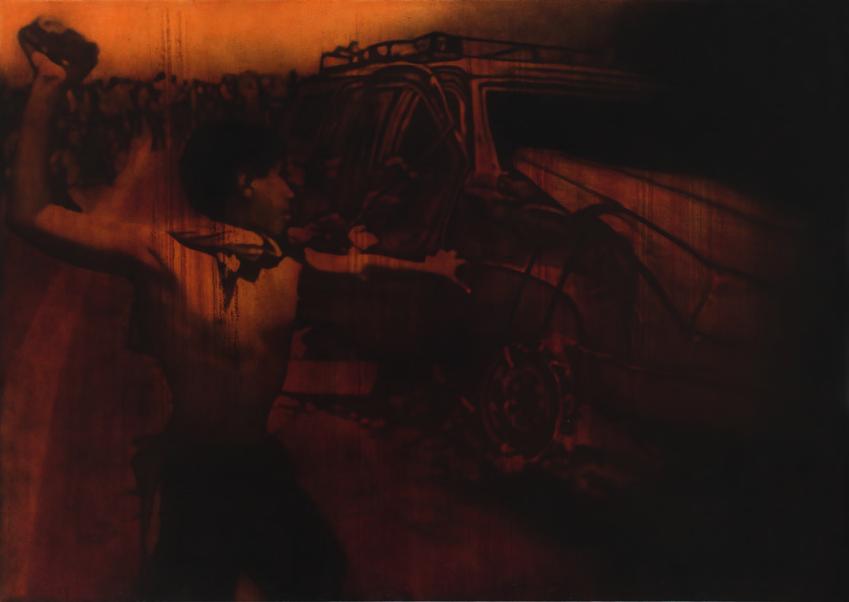 Los días oscuros están en todas partes Mixta sobre lienzo 1.20 x 1.70 m La visita Acrílico sobre lienzo 1.50 x 1.10 m Milko Torres Torres. Arequipa 1976.