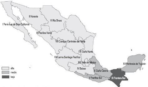 En el mapa 3 se identifica la vulnerabilidad por regiones hídricas en México y presenta una relación amplia con la huella hídrica, las zonas con mayor vulnerabilidad y mayor HH se ubican en el norte