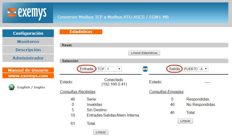 6 Monitoreo y Estadísticas El EGW1-IA3-MB lleva adelante un control del tráfico de datos que envía y recibe. Estos datos se ven reflejado en su página web en el menú Monitoreo.