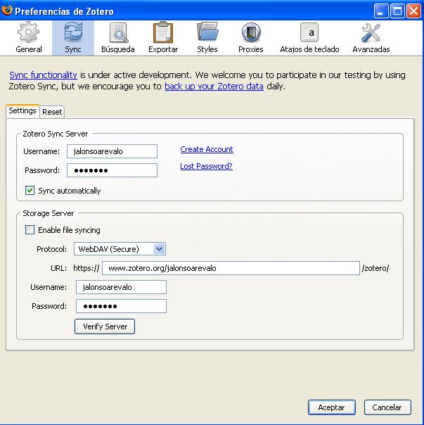 Zotero Sincronización Permite crear una cuenta en Internet para tener una copia de seguridad