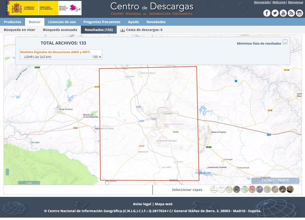 DESCARGA DE DATOS Para descargar los datos es necesario un navegador web, y acceder al Instituto Geográfico Nacional -> Centro de Descarga -> Datos LIDAR Una vez descargados los ficheros LIDAR, se
