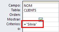 Per utilitzar l operador = : L operador = s utilitza per localitzar valors iguals al criteri establert. Per exemple, si establim el criteri = Silvia al camp NOM,busca els clients que es diguin Silvia.