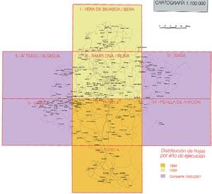 Cartografía Básica, Poblaciones, Escala 1/100.000. Los colores indican la distribución de las Hojas por año de ejecución. El morado es el de 2000-2001.