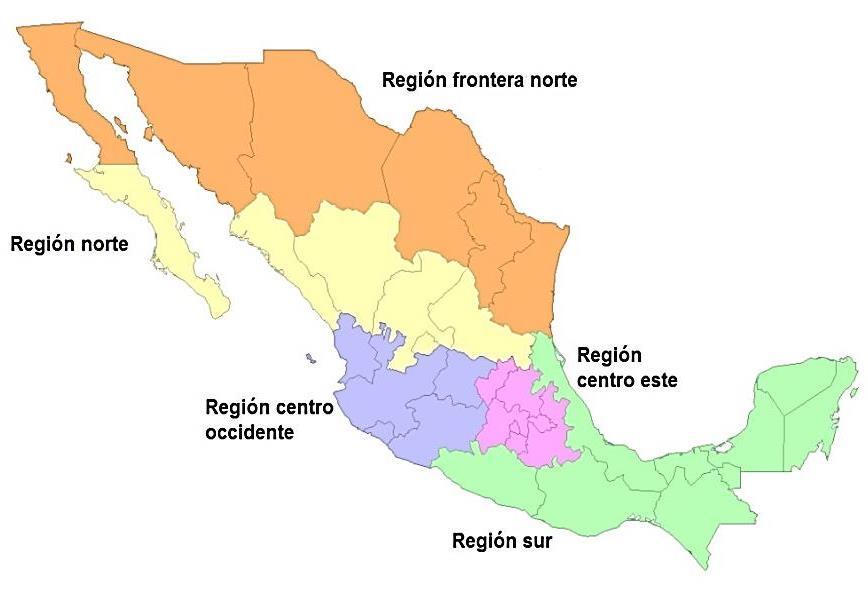 México, Hidalgo, Morelos, Puebla, Querétaro y Tlaxcala; y Región sur: Campeche, Chiapas, Guerrero, Oaxaca, Quintana Roo, Tabasco, Veracruz y Yucatán (véase mapa 1).