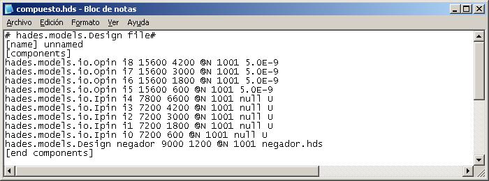 Aquí aparece nuevamente el problema de las referencias absolutas: La referencia D:/LogicDesign/circuitos/negador.hds le indica a HADES que debe buscar el archivo negador.