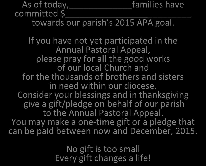 As of today, families have committed $ towards our parish s 2015 APA goal.