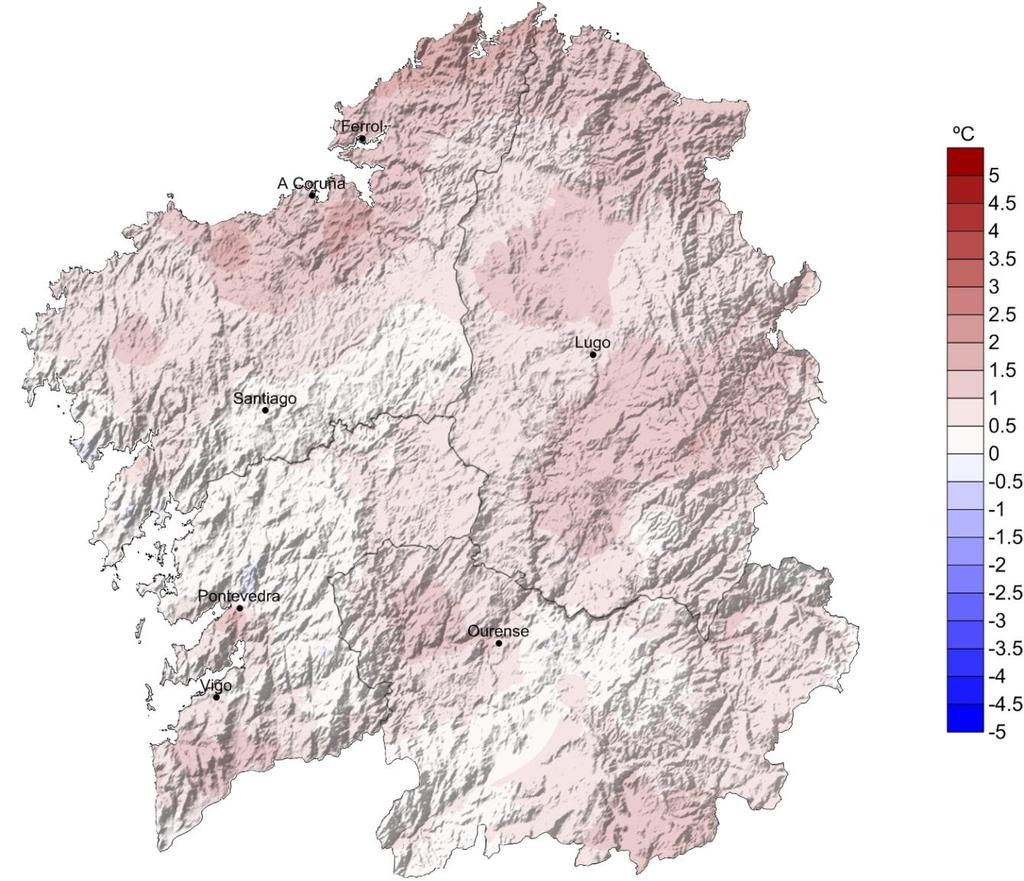 5.3. Anomalía de temperatura media con respecto ao período 1981-2010. A anomalía da temperatura media no conxunto de Galicia neste mes de xaneiro, tendo en conta a media dos valores do mapa, foi de 0.