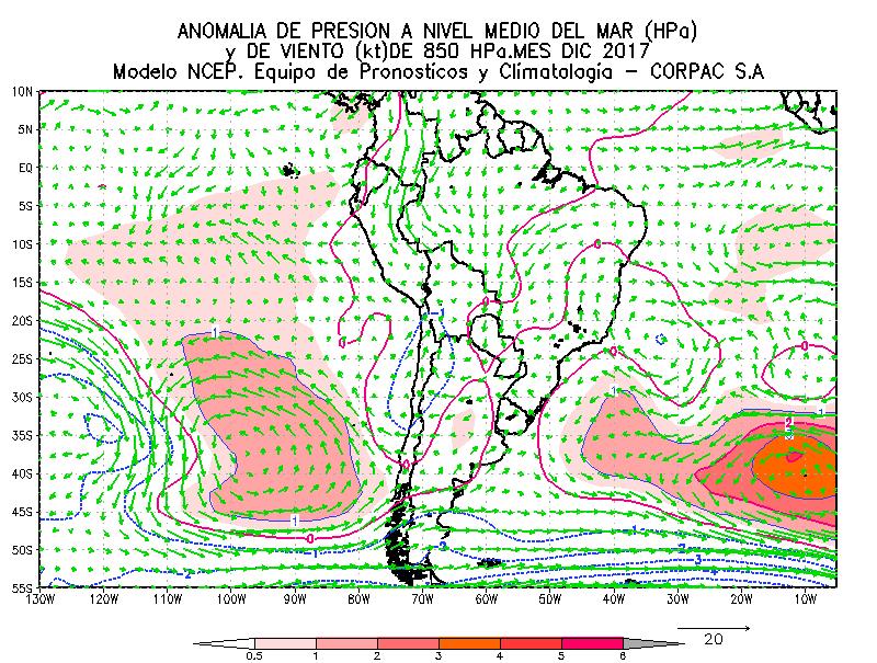Normal frente a la costa de Perú y norte de Chile ANOMALÍAS DE ESPESORES DE ALTURA GEOPOTENCIAL DE 850 hpa.