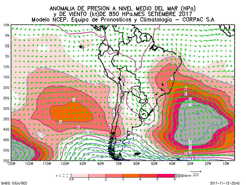 SETIEMBRE SETIEMBRE: Continua el incremento de las presiones en el PSO, con configuración del núcleo de anomalías cuasi meridional.