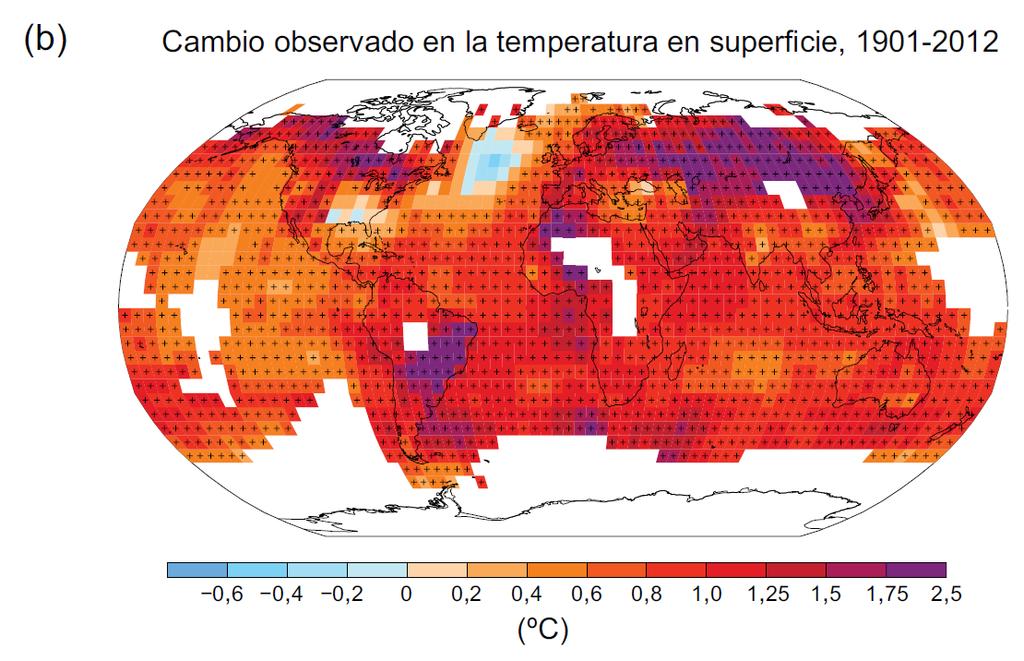 Anomalía del promedio mundial de Temperaturas superficiales, terrestres y oceánicas combinadas, 1850-2012 a) Anomalías observadas en el promedio mundial de temperaturas en superficie, terrestres y