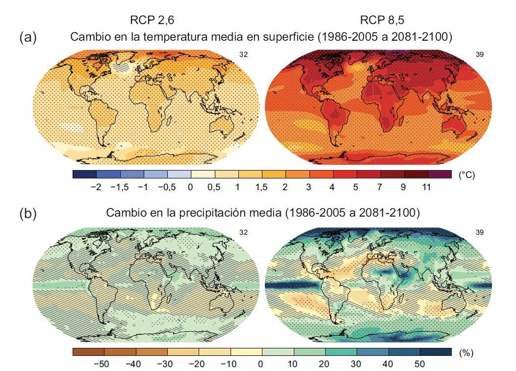 Estimaciones futuras para la temperatura global en superficie, el deshielo y el ph global del océano superficial Los cambios en los mapas a), b) y d) se muestran en relación con el período
