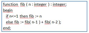 Fibonacci iterativo function fib ( n : integer ) : integer; var a, b, c, i : integer; Begin if n <= 1 then fib := n else begin a := 0; b :=