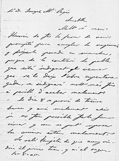 L esborrany d una de les cartes enviades pel rector de la parròquia, mossèn Eusebi Rivas. 10 d agost de 1905. A qui l envia? A l oficina de l enginyer Josep Maria Pagès Moreu. Per què l escriu?