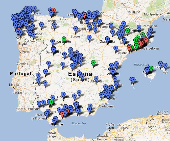 Mapa de bancos de tiempo En azul: bancos de tiempo En rojo: red Salud y Familia En verde: