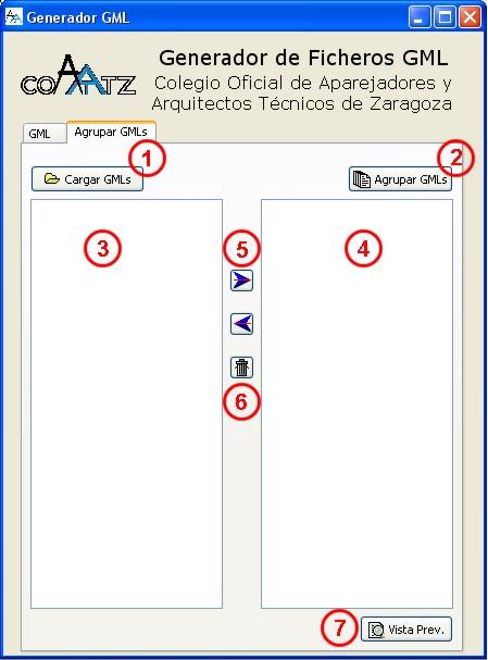 A continuación se describe la pantalla para agrupar GMLs 1. Botón Cargar GMLs: Este botón permite seleccionar de nuestro ordenador, los archivos GML que aparecerán en la lista (3). 2.
