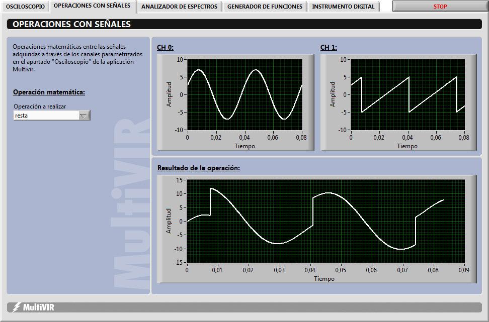 2. Operaciones con señales Con este modo, se realizan operaciones entre las señales transmitidas al ordenador y después se visualiza gráficamente el resultado.