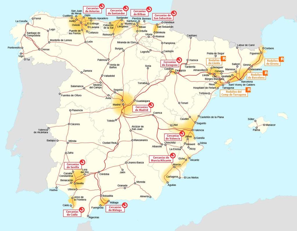 En la figura siguiente se muestra, sobre el mapa de España, la localización de los núcleos de Cercanías que son objeto del presente estudio. Figura 35.