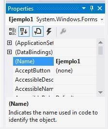 En la ventana Propiedades (si no ve la ventana presione (F4), haga clic en la propiedad (Name), y después escriba Ejemplo1 en el cuadro de texto (Name) para cambiar el nombre del control del