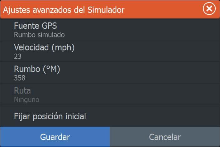 Velocidad, rumbo y ruta Permiten introducir valores manualmente cuando la fuente GPS se establece en la opción Rumbo simulado o Ruta simulada.