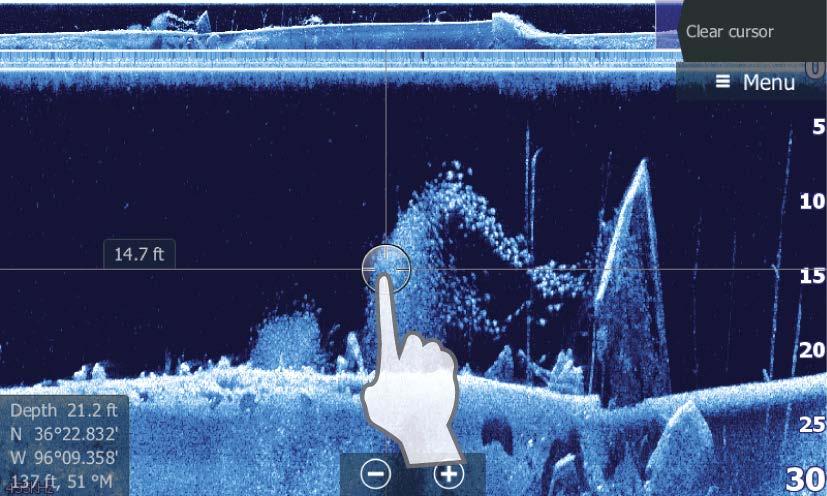 imagen de SideScan, la distancia a la izquierda/derecha desde la embarcación a la posición del cursor se muestra en la posición del cursor.
