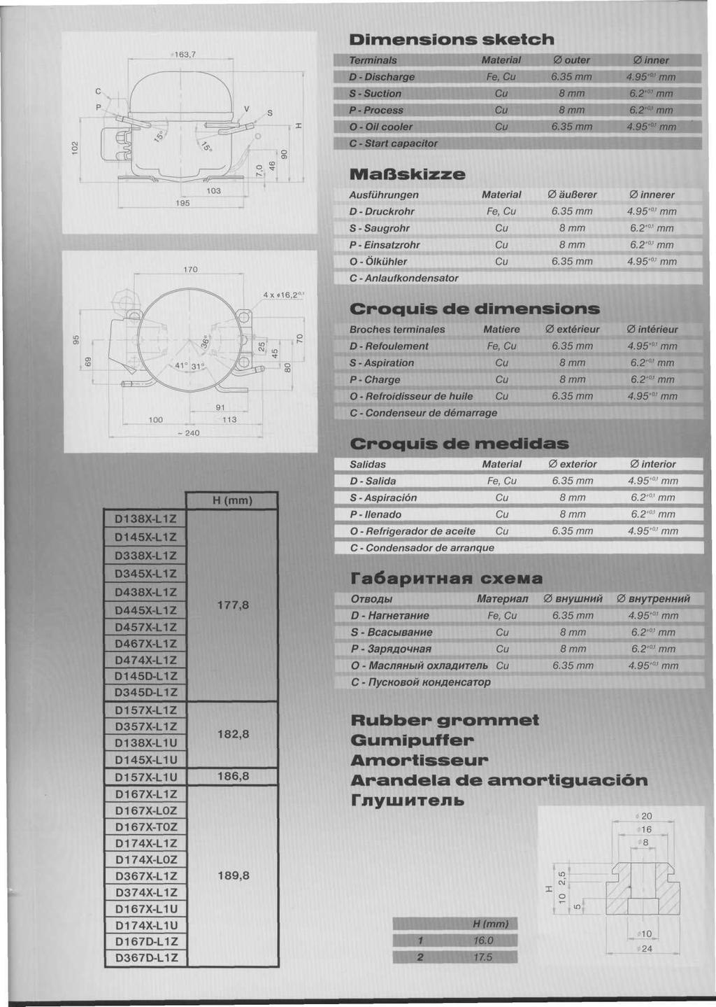 163,7 Dimensions sketch Terminals 0 outer D - Discharge - uction P - Process О - Oil coole, С - tart capacitor MaBskizze Ausfuhrungen D - Druckrohr - augrohr P - Einsatzrohr О - Olkuhler С -