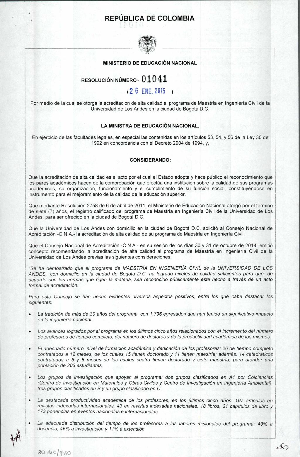 REPÚBLICA DE COLOMBIA MINISTERIO DE EDUCACIÓN NACIONAL RESOLUCIÓN NÚMERO- 01041 (2 ;3 ERE.