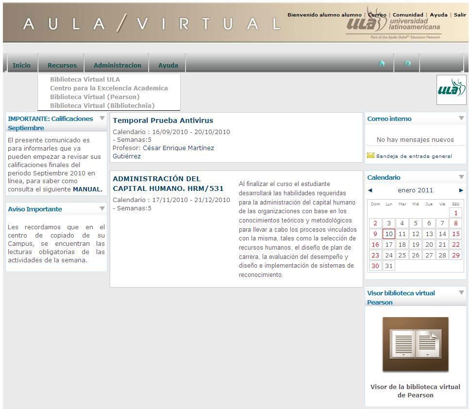 17. Biblioteca Virtual (Pearson) Dentro de la pantalla inicial, se encuentra la opción Recursos, de dónde se desprende el apartado Biblioteca Virtual (Pearson), tal como se muestra en la siguiente