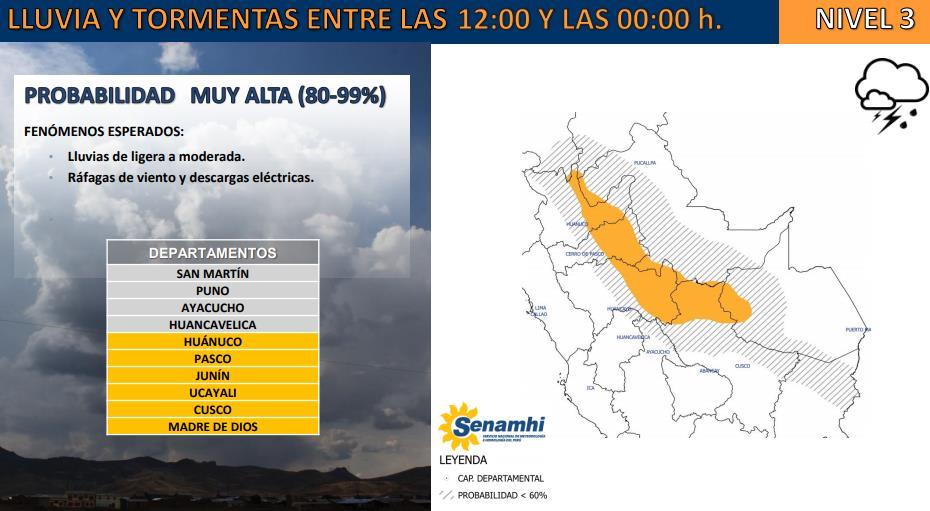Pronósticos del tiempo según SENAMHI Lluvia entre las regiones de Amazonas y Loreto, con presencia de descargas eléctricas en las provincias de Alto Amazonas (Loreto) y Condorcanqui (Amazonas).