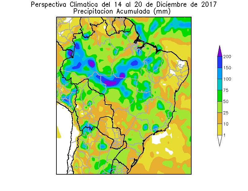 BRASIL Paralelamente, se producirán precipitaciones abundantes sobre la mayor parte del área agrícola brasileña, a excepción de su extremo nordeste, que recibirá registros moderados a escasos.