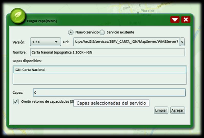4.13. Cargar capa (WMS 1 ) Esta opción permite la carga de datos desde un servicio de mapas WMS y desplegarse como una capa dentro del visor de mapas interactivos.
