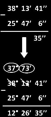 Como a 13' no se pueden restar 47', se convierte un grado en minutos (38 = 37 60'; 13' + 60' = 73') 1.