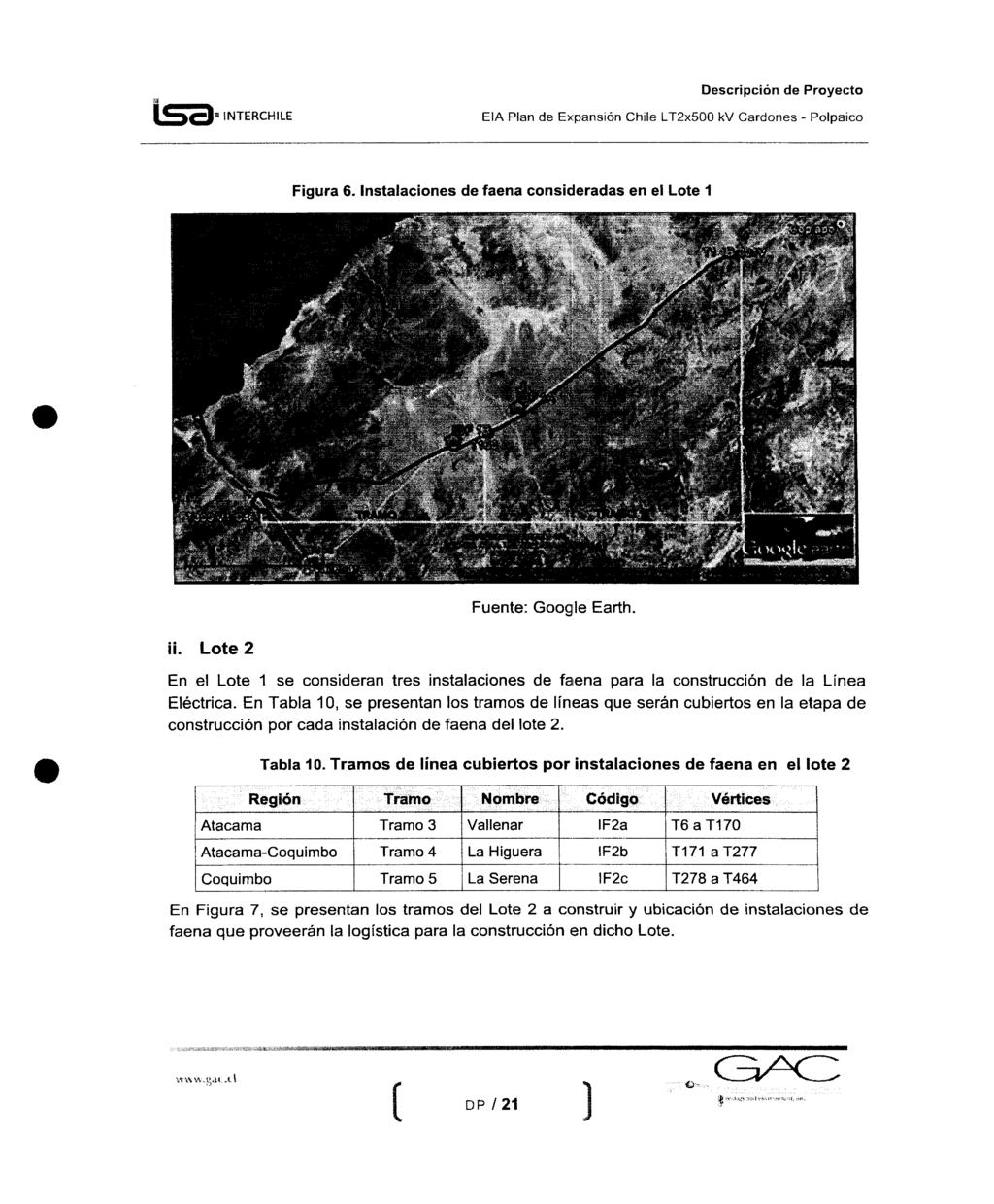 INTERCHILE E1A Plan de Expansión Chile LT2x500 kv Cardones - Polpaico Figura 6. Instalaciones de faena consideradas en el Lote 1 Fuente: Google Earth. ii.