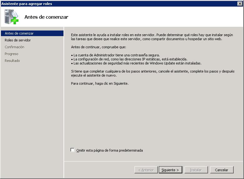 Administrador del servidor, Windows presenta la siguiente pantalla: