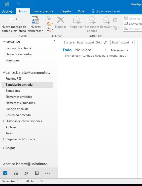 Al iniciar de nuevo Outlook, la Bandeja de entrada del correo de Office 365 aparecerá vacía, puesto que aquí comenzarán a llegar los