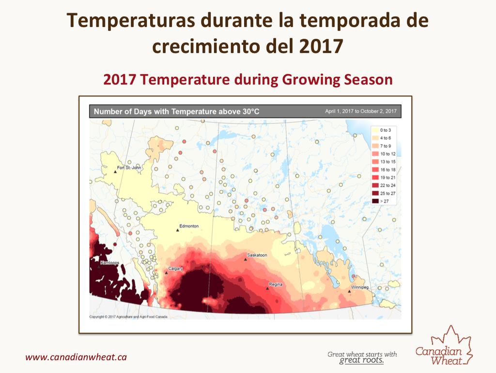 This is a temperature map of the prairie region of Canada, showing the growing season. The red coloured regions are areas that saw above average temperatures in the summer of 2017.