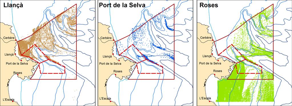 Distribución espacial por puerto base Se han representado las localizaciones en función del puerto base. Las isóbatas corresponden a 50, 100, 150, 200, 500 y 800 m de profundidad.
