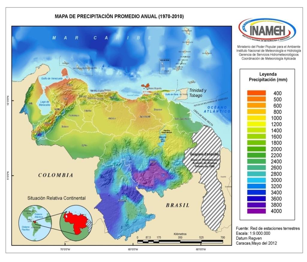 MAPA DE PRECIPITACIÓN PROMEDIO ANUAL PARA VENEZUELA En la República Bolivariana de Venezuela existen dos períodos diferenciados uno seco que va desde noviembre hasta abril y uno lluvioso de mayo a