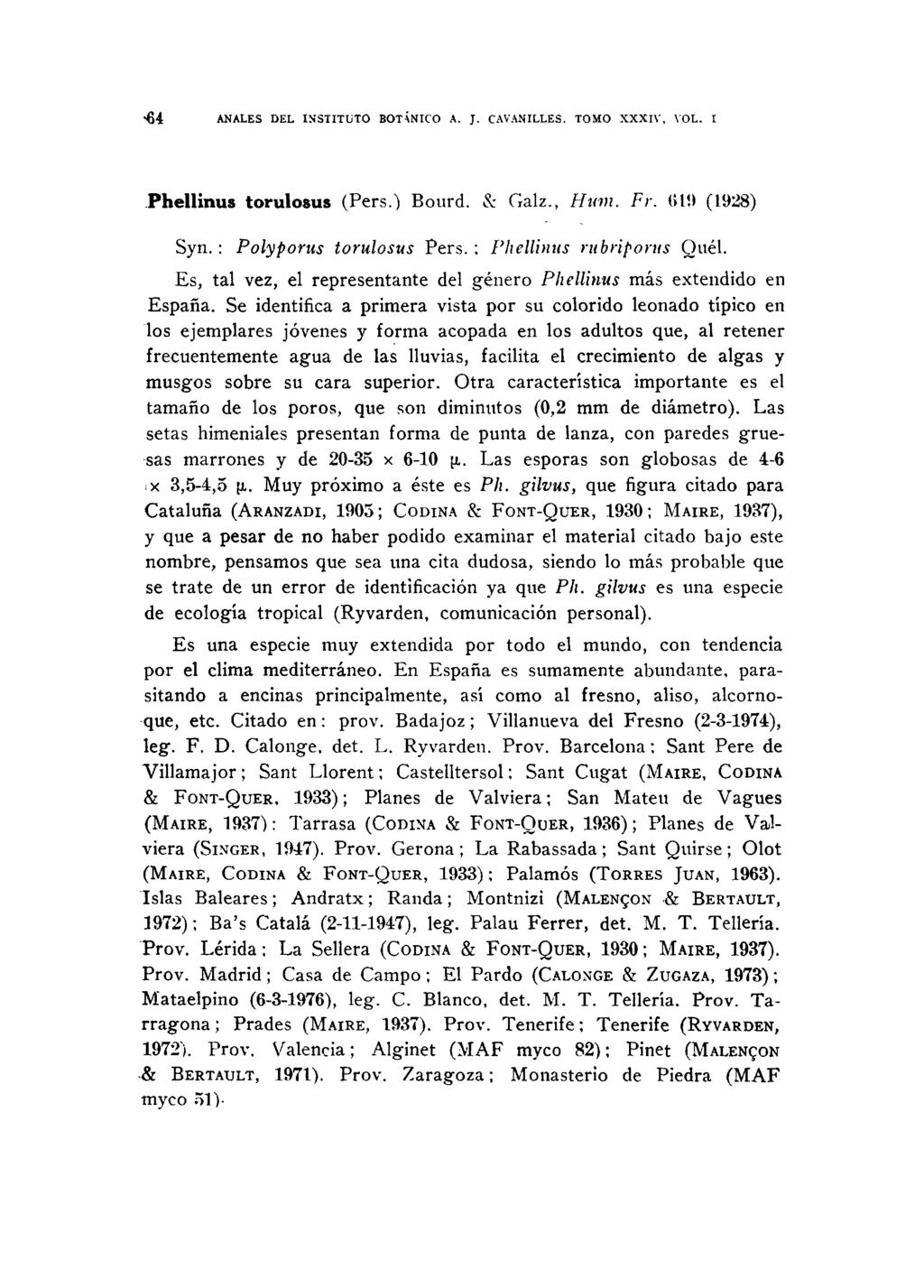 64 ANALES DEL INSTITUTO BOTÁNICO A. J. CAVANILLES. TOMO XXXIV, VOL. I Phellinus torulosus (Pers.) Bourd. & Galz., Hum. Fr. (ilí) (1928) Syn.: Polyporus torulosus Pers. ; Phellinus rubriporus Quél.