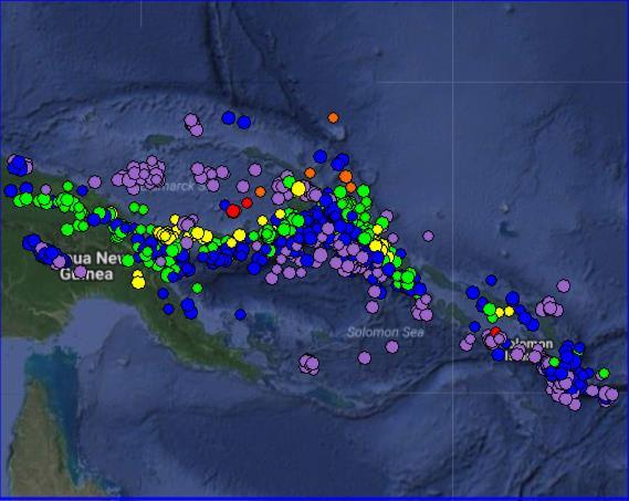 Este mapa de sismicidad cubre la misma región que el mapa tectónico de micro-placas de la diapositiva anterior. Se muestran las ubicaciones de los más recientes 1000 terremotos de magnitud (M)> 5.