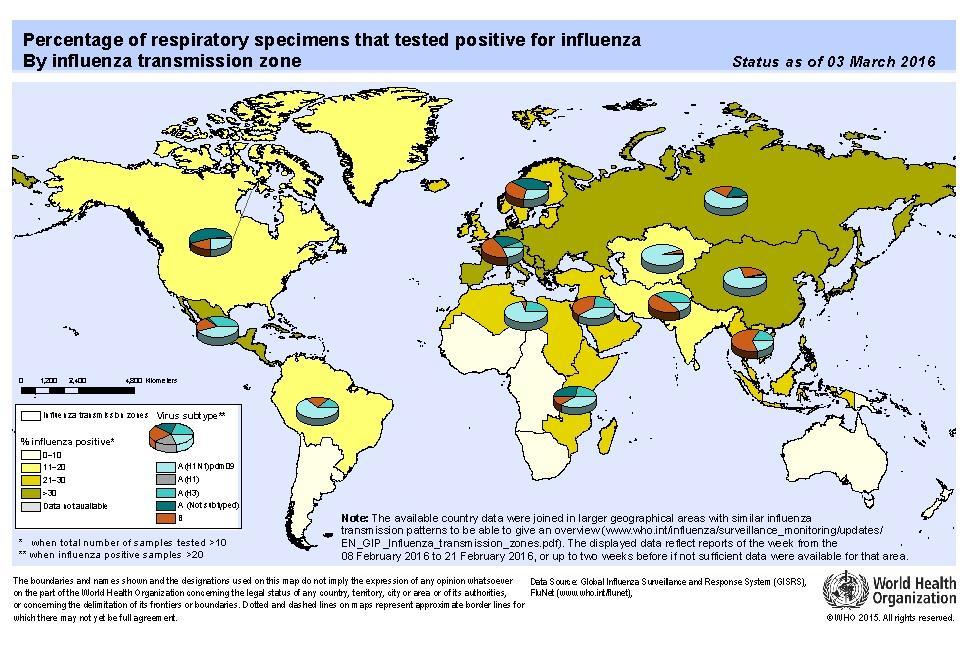Influenza Global Update / Actualizacion de influenza nivel global In the Northern Hemisphere high levels of influenza activity continued with influenza A(H1N1)pdm09 predominating and an increase in