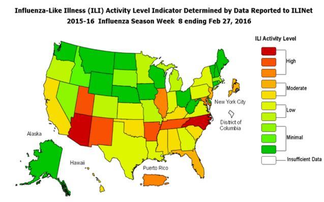 2% for EW 8 / La tasa de mortalidad por neumonía e influenza se incrementó a 7,4% y estuvo por encima del umbral epidémico de 7,2% para la SE 8 As of EW 8, national ILI activity (3.