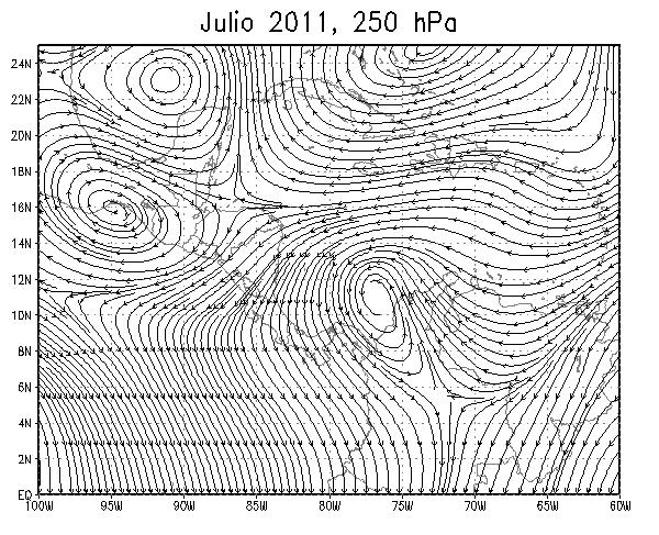 La circulación del viento sobre Costa Rica es divergente en el nivel atmosférico de 85 hpa, lo cual favoreció el descenso del aire sobre el Caribe, tendiendo a generar escenarios secos.